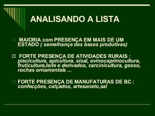 ANALISANDO A LISTA MAIORIA com PRESENÇA EM MAIS DE UM ESTADO  ( semelhança das bases produtivas)   FORTE PRESENÇA DE ATIVIDADES RURAIS :  piscicultura, apicultura, sisal, ovinocaprinocultura, fruticultura,leite e derivados, carcinicultura, gesso, rochas ornamentais ... FORTE PRESENÇA DE MANUFATURAS DE BC :  confecções, calçados, artesanato,sal 