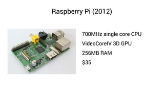 Raspberry Pi (2012)
700MHz single core CPU
VideoCoreIV 3D GPU
256MB RAM
$35
 