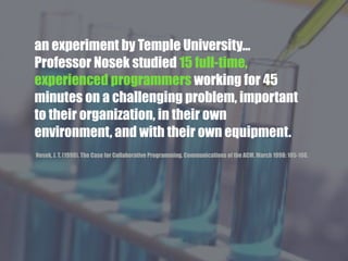 an experiment by Temple University...
Professor Nosek studied 15 full-time,
experienced programmers working for 45
minutes on a challenging problem, important
to their organization, in their own
environment, and with their own equipment.
Nosek, J. T. (1998). The Case for Collaborative Programming. Communications of the ACM. March 1998: 105-108.
 