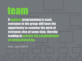 if egoless programming is used,
everyone in the group will have the
opportunity to examine the work of
everyone else at some time, thereby
tending to prevent the establishment
of strong hierarchy.
team
from... (see slide 4)
 