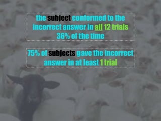 75% of subjects gave the incorrect
answer in at least 1 trial
the subject conformed to the
incorrect answer in all 12 trials
36% of the time
 