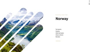5
Norway
C o u n t r y o v e r v i e w
Flat hierarchy
Simplicity
Softly hate Sweden
Almost no Alcohol
Mountains
 