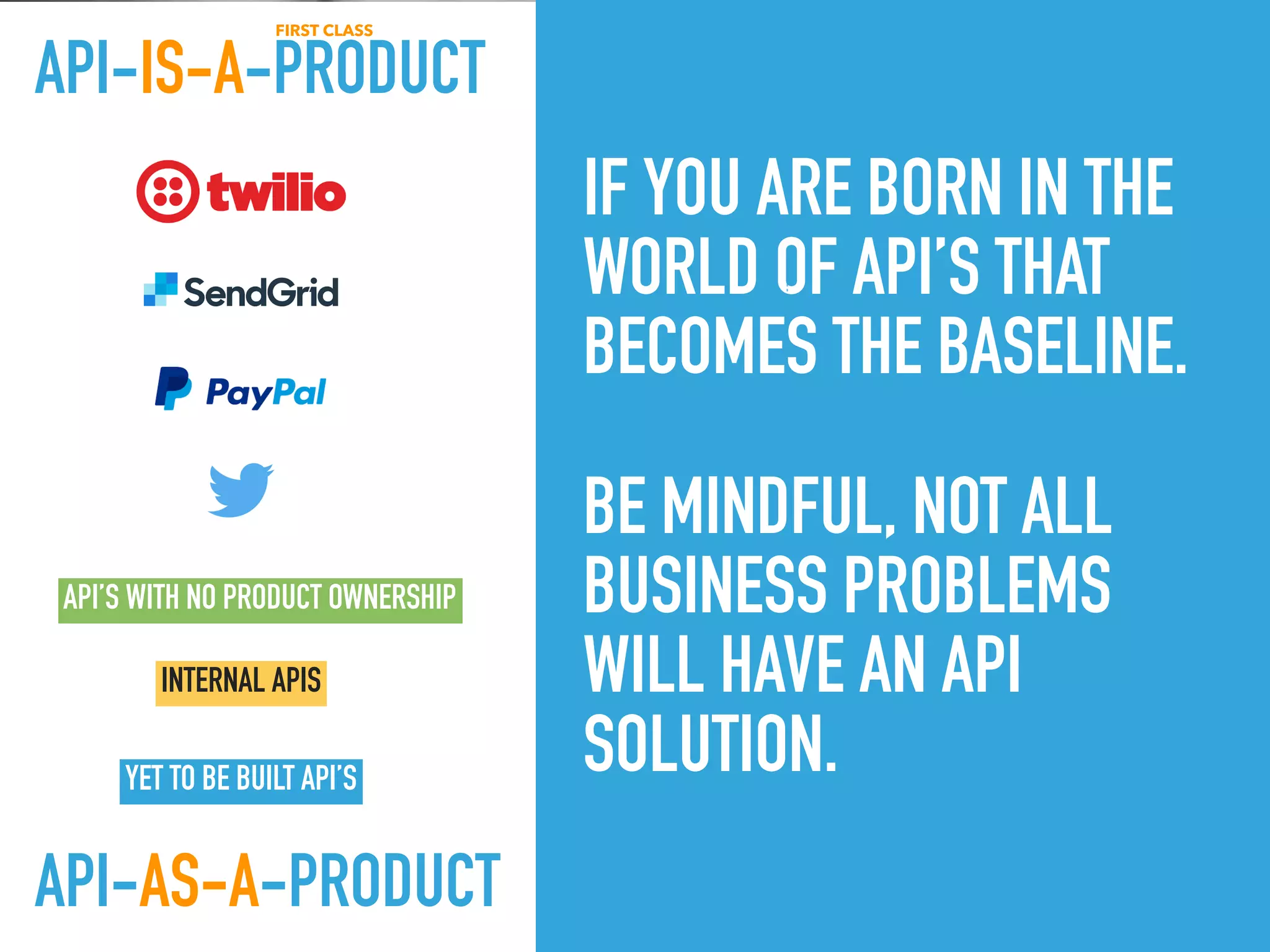 IF YOU ARE BORN IN THE
WORLD OF API’S THAT
BECOMES THE BASELINE.
BE MINDFUL, NOT ALL
BUSINESS PROBLEMS
WILL HAVE AN API
SOLUTION.
INTERNAL APIS
YET TO BE BUILT API’S
API-AS-A-PRODUCT
API-IS-A-PRODUCT
API’S WITH NO PRODUCT OWNERSHIP
FIRST CLASS
 