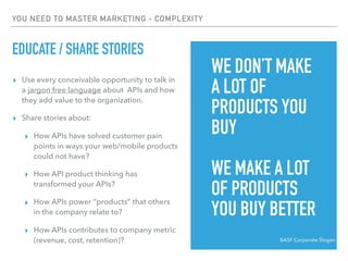 YOU NEED TO MASTER MARKETING - COMPLEXITY
EDUCATE / SHARE STORIES
▸ Use every conceivable opportunity to talk in
a jargon free language about APIs and how
they add value to the organization.
▸ Share stories about:
▸ How APIs have solved customer pain
points in ways your web/mobile products
could not have?
▸ How API product thinking has
transformed your APIs?
▸ How APIs power “products” that others
in the company relate to?
▸ How APIs contributes to company metric
(revenue, cost, retention)? BASF Corporate Slogan
WE DON’T MAKE
A LOT OF
PRODUCTS YOU
BUY
WE MAKE A LOT
OF PRODUCTS
YOU BUY BETTER
 
