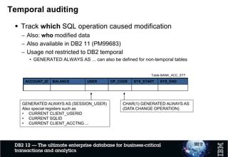 System Time / Point In Time...
EMPL TYPE PLCY COPAY EFF_BEG EFF_END SYS_BEG SYS_END Which Table
CO54 HMO P667 $10 2004-01-01 9999-12-31 2010-09-21-21.50.14 2010-09-24-17.33.22 HISTORY
CO54 HMO P667 $10 2004-01-01 2011-01-01 2010-09-24-17.33.22 9999-12-30-00.00.00 BASE
C054 HMO P667 $15 2011-01-01 9999-12-31 2010-09-24-17.33.22 9999-12-30-00.00.00 BASE
As of 09-22-2010 , the only row that qualifies is the row from the history table, because on 09-24-2010
we updated the rows, and both rows in the current table begin on 09-24-2010.
As of 09-24-2010-17.33 and after, rows from the current table would be returned
Only the POLICY appears in the SELECT statement. POLICYHISTORY is automatically accessed.
Results only come from the history table
EMPL TYPE PLCY COPAY EFF_BEG EFF_END SYS_BEG SYS_END Which Table
CO54 HMO P667 $10 2004-01-01 9999-12-31 2010-09-21-21.50.14 2010-09-24-17.33.22 HISTORY
 
