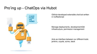 Pro’ing up - ChatOps via Hubot
GitHub-developed extensible chat bot written
in CoffeeScript
Manage deployments, developmen...