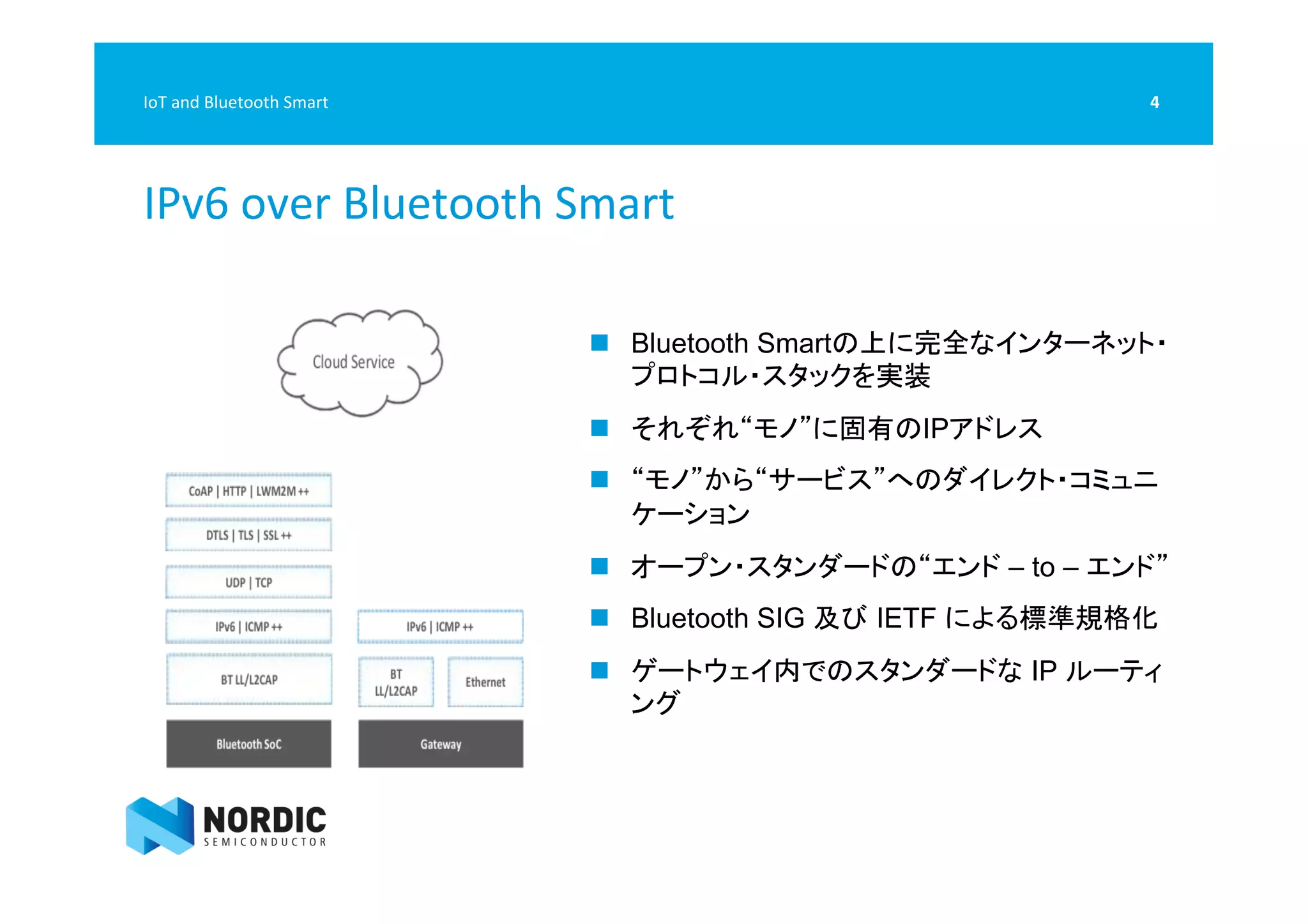  
IPv6	
  over	
  Bluetooth	
  Smart	
  
4	
  IoT	
  and	
  Bluetooth	
  Smart	
  
n  Bluetooth Smartの上に完全なインターネット・
プロトコル・スタックを実装
n  それぞれ“モノ”に固有のIPアドレス
n  ︎“モノ”から“サービス”へのダイレクト・コミュニ
ケーション
n  ︎オープン・スタンダードの“エンド – to – エンド”
n  ︎Bluetooth SIG 及び IETF による標準規格化
n  ︎ゲートウェイ内でのスタンダードな IP ルーティ
ング	
 