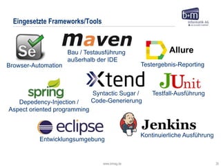 www.bmiag.de 35
Eingesetzte Frameworks/Tools
Browser-Automation
Entwicklungsumgebung
Testfall-Ausführung
Depedency-Injection /
Aspect oriented programming
Syntactic Sugar /
Code-Generierung
Testergebnis-Reporting
Bau / Testausführung
außerhalb der IDE
Kontinuierliche Ausführung
Allure
 