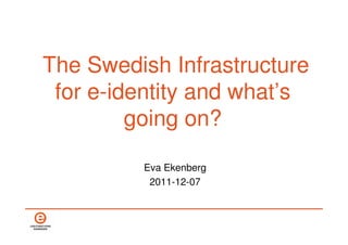 The Swedish Infrastructure
 for e-identity and what’s
         going on?

         Eva Ekenberg
          2011-12-07
 