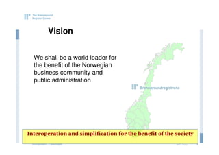 Vision


  We shall be a world leader for
  the benefit of the Norwegian
  business community and
  public administration




Interoperation and simplification for the benefit of the society
 eGovernment - Copenhagen                                2011.12.07   2
 