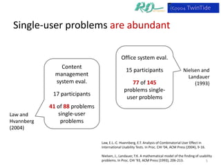 Single-user problems are abundant

                                             Office system eval.
                Content
                                                15 participants                         Nielsen and
              management                                                                  Landauer
              system eval.                        77 of 145                                  (1993)
                                               problems single-
             17 participants
                                                user problems
            41 of 88 problems
Law and        single-user
Hvannberg       problems
(2004)

                                Law, E.L.-C. Hvannberg, E.T. Analysis of Combinatorial User Effect in
                                International Usability Tests. In Proc. CHI '04, ACM Press (2004), 9-16.

                                Nielsen, J., Landauer, T.K. A mathematical model of the finding of usability
                                problems. In Proc. CHI '93, ACM Press (1993), 206-213.                 5
 