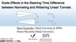 Scale Effects in the Steering Time Difference
between Narrowing and Widening Linear Tunnels
Shota Yamanaka (Meiji University & JSPS)
Homei Miyashita (Meiji University)
October 25, 2016 Meiji University Japan Society for the
Promotion of Science
1
 