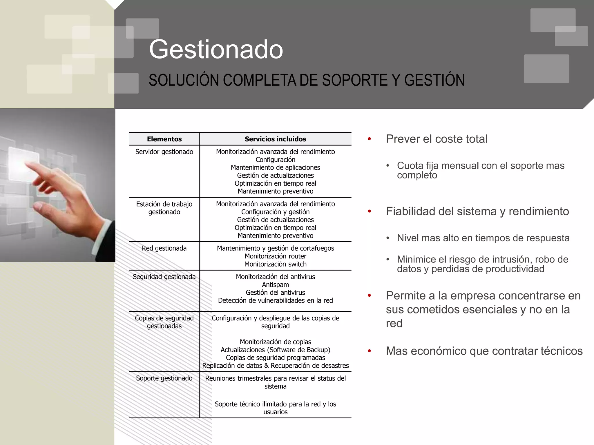 Gestionado
     SOLUCIÓN COMPLETA DE SOPORTE Y GESTIÓN


    Elementos                        Servicios incluidos                   •   Prever el coste total
Servidor gestionado        Monitorización avanzada del rendimiento
                                        Configuración
                               Mantenimiento de aplicaciones                   • Cuota fija mensual con el soporte mas
                                  Gestión de actualizaciones                     completo
                                 Optimización en tiempo real
                                  Mantenimiento preventivo
 Estación de trabajo       Monitorización avanzada del rendimiento
     gestionado                     Configuración y gestión                •   Fiabilidad del sistema y rendimiento
                                  Gestión de actualizaciones
                                 Optimización en tiempo real
                                  Mantenimiento preventivo
                                                                               • Nivel mas alto en tiempos de respuesta
  Red gestionada           Mantenimiento y gestión de cortafuegos
                                   Monitorización router
                                   Monitorización switch
                                                                               • Minimice el riesgo de intrusión, robo de
                                                                                 datos y perdidas de productividad
Seguridad gestionada             Monitorización del antivirus
                                          Antispam
                                     Gestión del antivirus
                            Detección de vulnerabilidades en la red
                                                                           •   Permite a la empresa concentrarse en
                                                                               sus cometidos esenciales y no en la
Copias de seguridad       Configuración y despliegue de las copias de
    gestionadas                            seguridad                           red
                                    Monitorización de copias
                             Actualizaciones (Software de Backup)
                               Copias de seguridad programadas
                                                                           •   Mas económico que contratar técnicos
                       Replicación de datos & Recuperación de desastres
 Soporte gestionado    Reuniones trimestrales para revisar el status del
                                           sistema

                           Soporte técnico ilimitado para la red y los
                                            usuarios
 