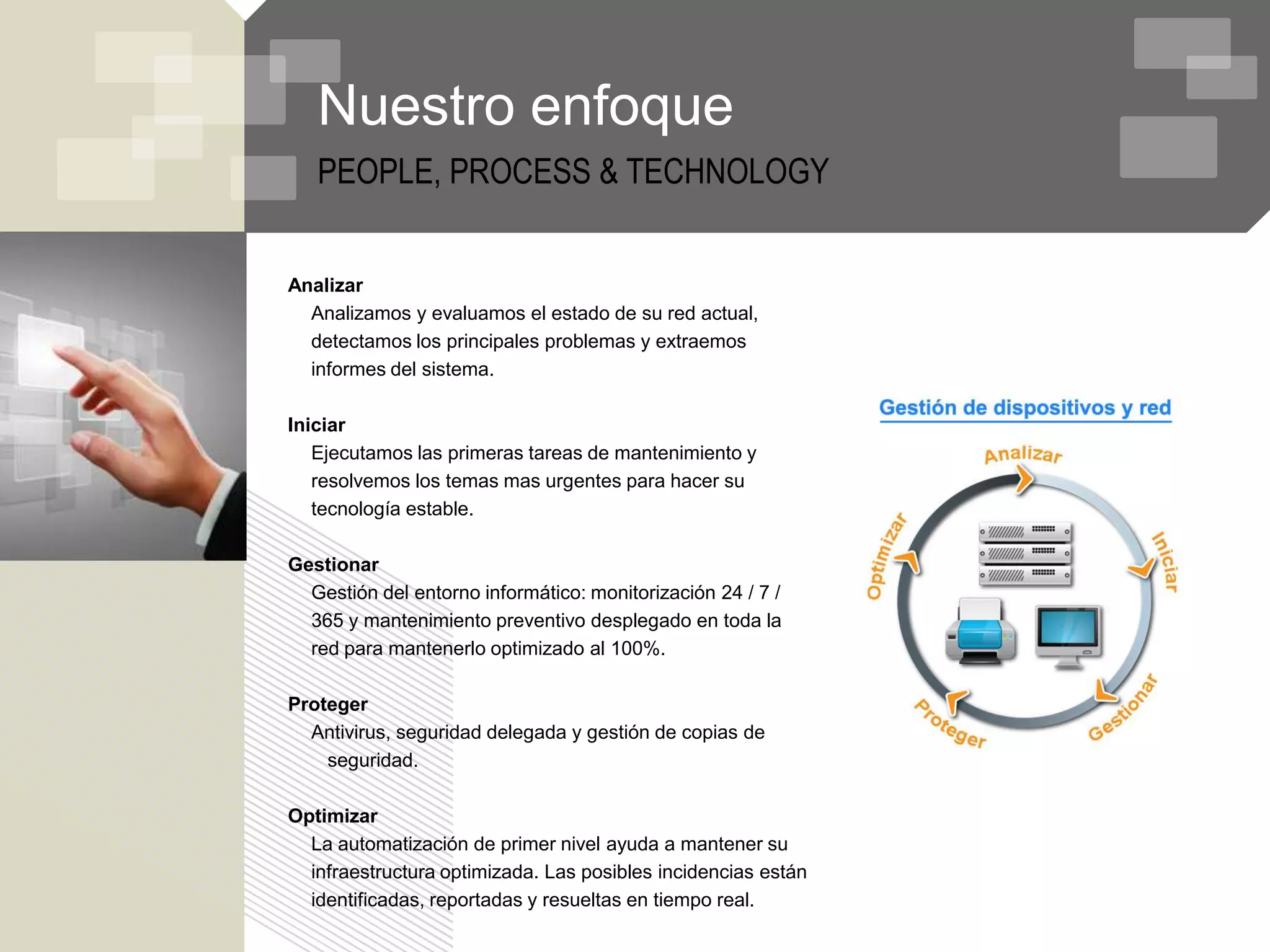 Nuestro enfoque
   PEOPLE, PROCESS & TECHNOLOGY


Analizar
  Analizamos y evaluamos el estado de su red actual,
  detectamos los principales problemas y extraemos
  informes del sistema.

Iniciar
   Ejecutamos las primeras tareas de mantenimiento y
   resolvemos los temas mas urgentes para hacer su
   tecnología estable.

Gestionar
  Gestión del entorno informático: monitorización 24 / 7 /
  365 y mantenimiento preventivo desplegado en toda la
  red para mantenerlo optimizado al 100%.

Proteger
  Antivirus, seguridad delegada y gestión de copias de
    seguridad.

Optimizar
  La automatización de primer nivel ayuda a mantener su
  infraestructura optimizada. Las posibles incidencias están
  identificadas, reportadas y resueltas en tiempo real.
 