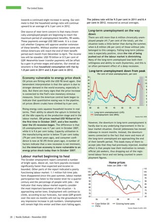 The United States



          towards a continued slight increase in saving. Our esti-     The jobless rate will be 9.5 per cent in 2011 and 8.4
          mate is that the household savings ratio will continue       per cent in 2012, measured as annual averages.
          upward to an average of 6.3 per cent in 2012.

          One source of near-term concern is that many chroni-          Long-term unemployment on the way
          cally unemployed people are beginning to reach the            down
          maximum period of unemployment benefits, 99 weeks.            There are still more than 6 million chronically unem-
          These payments average USD 300/week. It is a close            ployed people (41.7 per cent of the total), yet the
          call whether Congress will approve another extension          situation looks a little better than during the summer,
          of these benefits. Without another extension some one         when 6.8 million (46 per cent) of those without jobs
          million Americans will reach the end of their benefit         belonged to this category. Falling long-term jobless-
          period each month from December to April. The income          ness is especially positive, since the risk of being
          loss will be sizeable: USD 70 billion or 0.5 per cent of      pushed out of the labour market is diminishing.
          GDP. Meanwhile lower transfer payments will be offset         Many of the long-term unemployed lose both their
          by a gain in private wages and salaries. Our overall as-      willingness and ability to work (hysterisis), and this is
          sessment is that household consumption will rise by           an often permanent effect of a deep recession.
          1.8 per cent in 2011 and 2.8 per cent in 2012.                Long-term unemployment down from peak
                                                                                Per cent of total unemployment, per cent
            Economy vulnerable to energy price shock                   50                                                                12
                                                                       45                                                                11
            Oil prices are flirting with the USD 90 level again. One
                                                                       40                                                                10
            benevolent interpretation is that the upturn is due to
                                                                       35                                                                  9
            stronger demand in the world economy, especially in
                                                                       30                                                                  8
            Asia. But there are many signs that the price increase
                                                                       25                                                                  7
            is connected to the Fed’s new monetary stimulus
                                                                       20                                                                  6
            measures. Since the American central bank began to
                                                                       15                                                                  5
            indicate that quantitative easing was in the pipeline,
                                                                       10                                                                  4
            oil prices (Brent crude) have climbed by 6 per cent.
                                                                        5                                                                  3
                                                                         80     85      90      95        00      05          10
            Rising energy costs squeeze household income in real
            terms. Their ability to absorb the upturn is limited by           Long-term unemployment (LHS)
            all the idle capacity at the production stage and in the          Unemployment rate (RHS)
                                                                                                                           Source: BLS, SEB
            labour market. Oil prices reached USD 90/barrel for
            the first time in October 2007, and a few months            However, the downturn in long-term unemployment is
            later the US recession began. The difference is that        hardly due to any underlying improvement in the la-
            US unemployment was 4.7 per cent in October 2007,           bour market situation. Overall joblessness has moved
            while it is 9.6 per cent today. Capacity utilisation in     sideways in recent months. Instead, the downturn
            the manufacturing sector is below 73 per cent today         seems connected to the fact that more and more of
            (79 per cent three years ago), and consumer confi-          the long-term unemployed are approaching the end
            dence is now at 50 (95 three years ago). A number of        of their benefit period. This leads many of them to
            factors indicate that a new recession is not imminent,      accept jobs that they had previously rejected. Another
            but the American economy is more vulnerable to an           effect is that people lose their motivation to remain
            energy price shock today than in October 2007.              official job seekers, thus dropping out of the regis-
                                                                        tered labour force and not being counted in unem-
          Labour market beginning to heal                               ployment figures.
          The October employment report contained a number
          of bright spots. Above all, non-farm payrolls increased                             Home prices
          significantly faster than expected and income re-                               Index Jan 2006 = 100
          bounded. Other parts of the report indicated a poorly        110                                                              110

          functioning labour market: 1.1 million full-time jobs        105                                                              105
                                                                       100                                                              100
          have disappeared since this past summer, labour market
                                                                        95                                                               95
          participation has fallen to the lowest level for a quarter
                                                                        90                                                               90
          century and the percentage of people with jobs − the
                                                                        85                                                               85
          indicator that many labour market experts consider
                                                                        80                                                               80
          the most important barometer of the situation − is
                                                                        75                                                               75
          approaching earlier lows. Employment will continue to
                                                                        70                                                               70
          climb, according to our forecasts, but weak GDP growth
                                                                        65                                                               65
          over the next six months will not lay the groundwork for             06        07          08          09           10
          any impressive increase in job numbers. Unemployment
          will remain high this winter and then start falling again.          Case-Shiller 20        Existing home sales
                                                                              FHFA
                                                                                                                 Source: Reuters EcoWin, SEB




20 | Nordic Outlook – November 2010
 