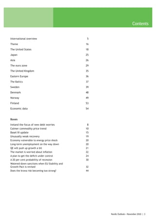 Contents


International overview                          5

Theme                                          16

The United States                              18

Japan                                          25

Asia                                           26

The euro zone                                  29

The United Kingdom                             35

Eastern Europe                                 36

The Baltics                                    37

Sweden                                         39

Denmark                                        48

Norway                                         49

Finland                                        53

Economic data                                  54



Boxes

Ireland the focus of new debt worries           8
Calmer commodity price trend                   10
Basel III update                               15
Unusually weak recovery                        19
Economy vulnerable to energy price shock       20
Long-term unemployment on the way down         20
QE will push up growth a bit                   21
The market is worried about inflation          22
A plan to get the deficit under control        24
A 20 per cent probability of recession         30
Watered-down sanctions when EU Stability and
Growth Pact is revised                         32
Does the krona risk becoming too strong?       44




                                                    Nordic Outlook – November 2010 | 3
 