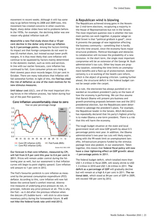 The United States



movement in recent weeks. Although it still has some                             A Republican wind is blowing
way to go before hitting its 2008 and 2009 lows, this                            The Republicans achieved strong gains in the Novem-
movement has created concerns in other countries.                                ber 2 mid-term elections, recapturing a majority in
Rapid, sharp dollar slides have led to problems before.                          the House of Representatives but not in the Senate.
In the 1970s, for example, the declining dollar was one                          The most important question now is whether the two
reason why global inflation took off.                                            main parties can work together. A popular adage on
                                                                                 Wall Street is that “political gridlock is good”, since
Meanwhile a new Fed study shows that a 10 per
                                                                                 it prevents the passage of new legislation affecting
cent decline in the dollar only drives up inflation
                                                                                 the business community − something that is hardly
by 0.3 percentage points. Among the factors limiting
                                                                                 true this time around, since the economy faces major
its impact are that foreign companies do not want to
                                                                                 structural problems. Political blockages and obstacles
lose US market share, but instead accept lower profit
                                                                                 to collaboration will increase the probability of a new
margins. It is thus most likely that core inflation will
                                                                                 recession. In the short term, the single most important
continue to be squeezed by factors mainly determined
                                                                                 compromise will be an extension of the George W. Bush
in the domestic market, such as rents and services.
                                                                                 administration’s tax cuts. Other key issues are prop-
In line with our earlier forecasts, core inflation has
                                                                                 erty taxation, extending the time limits on unemploy-
continued to fall. Core consumer prices are rising at
                                                                                 ment benefits and a flare-up of protectionism. Another
their slowest pace since records began; 0.6 per cent in
                                                                                 certainty is a re-working of the health care reform,
October. There are many indications that inflation will
                                                                                 which is the object of growing criticism. Looking further
fall somewhat further. In light of this, the Fed has cited
                                                                                 ahead, the structural deficit in the federal budget can-
the risk of deflation as one of the main motives for its
                                                                                 not be swept under the carpet.
new stimulus measures.
                                                                                 As a rule, the electorate has always punished or re-
Unit labour cost (ULC), one of the most important driv-
                                                                                 warded an incumbent president’s party on the basis of
ing forces in the inflation process, has fallen during four
                                                                                 how the economy is performing. We can thus assume
out of the past five quarters.
                                                                                 that Barack Obama will present pro-business and
  Core inflation uncomfortably close to zero                                     growth-promoting proposals between now and the 2012
                  Year-on-year percentage change                                 presidential election, but the Republicans seem deter-
3.5                                                                          7   mined to sabotage the president’s plans. For example,
                                                                 SEB
3.0                                                            forecast      6
                                                                                 the Republican leader in the Senate, Mitch McConnell,
                                                                                 has repeatedly declared that his party’s highest priority
2.5                                                                          5
                                                                                 is to make Obama a one-term president. There is a risk
2.0                                                                          4   that this will harm the economy.
1.5                                                                          3
                                                                                 The tough budget situation at the state and local
1.0                                                                          2   government level will slow GDP growth by about 0.5
0.5                                                                          1   percentage points next year. In addition, the Obama
0.0                                                                          0   administration’s two-year tax cuts will likely expire,
      00    01   02   03   04   05   06   07   08   09    10    11   12          along with the 99-week limit on unemployment ben-
                                                                                 efits. Infrastructure projects funded by the stimulus
           Core CPI inflation (LHS)            Fed Funds (RHS)
           Core PCE inflation (LHS)                                              package have also peaked, in our assessment. Taken
                                                         Source: BLS, BEA, SEB
                                                                                 together, this means that federal fiscal policy will now
Our forecast is that core inflation, measured by CPI,                            have a clear tightening effect on GDP growth: about
will fall from 0.9 per cent this year to 0.6 per cent in                         -1 percentage points in 2011.
2011. Prices will remain under control during the fol-
                                                                                 The federal budget deficit, which totalled more than
lowing year as well, but our assessment is that inflation
                                                                                 USD 1.4 trillion in fiscal 2009, will slowly shrink to USD
curves will begin to point slightly upward. Core inflation
                                                                                 1.3 trillion in 2010 and USD 1.26 trillion in 2011. The
will amount to 1 per cent in 2012.
                                                                                 deficit as a percentage of GDP will gradually decline
The Fed’s favourite yardstick is core inflation as meas-                         but will remain at a high 8.4 per cent in 2011. The na-
ured by the personal consumption expenditure (PCE)                               tional debt, which stood at 84 per cent of GDP in 2009,
deflator. According to this, core inflation will now fall                        will exceed 100 per cent by 2012.
below the central bank’s comfort interval. Alterna-
tive measures of underlying price pressure do not, in
principle, indicate any price pressure at all. This is why
the Fed − as it did after the previous inflation when
the dotcom (IT) bubble burst − will stick to ultra-loose
monetary policy during the foreseeable future. It will
not hike the federal funds rate until mid-2012.




                                                                                                                  Nordic Outlook – November 2010 | 23
 