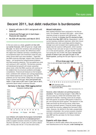 The euro zone


    Decent 2011, but debt reduction is burdensome
ƒ      Exports will slow in 2011 and growth will                                Mixed indicators
       level off                                                                Most leading indicators have continued to rise this au-
ƒ      Ireland and Portugal are in bad shape −                                  tumn. For example, Germany’s IFO index − which shows
       financial aid required                                                   relatively strong co-variation with GDP growth − has
                                                                                kept on climbing. In October the IFO reached its high-
ƒ      No ECB refi rate hike until March 2012                                   est level since May 2007 (107.6). Respondents’ view of
                                                                                current business conditions improved, while their future
                                                                                expectations were also surprisingly positive despite a
In the euro zone as a whole, growth is in line with                             stronger euro and increased risks to global growth. This
our earlier forecasts. GDP will grow by 1.6 per cent                            signals that the country’s GDP growth, which reached
this year, far above the consensus view prevailing as                           a strong 3.9 per cent year-on-year in the third quarter
recently as this past summer. But differences within                            (4.3 in the second quarter), will gain further momen-
the region have widened: Germany is benefiting from                             tum during the rest of 2010. We expect German GDP
an exceptional export and investment surge this year,                           growth of almost 4 per cent year-on-year in the
while various other euro zone members − especially                              fourth quarter, pushing the full-year figure to 3.6 per
the PIIGS countries (Portugal, Ireland, Italy, Greece and                       cent.
Spain) − are burdened by competitiveness problems
                                                                                                IFO at three year high
and fiscal austerity measures. This two-speed euro zone                          Year-on-year percentage change (GDP), IFO index 2000=100
will continue in 2011 and 2012. The German economy                               5.0                                                                  120
will decelerate but growth will remain somewhat                                                                                                       115
                                                                                 3.0
above trend, while the PIIGS countries will continue to                                                                                               110
be weighed down by structural problems and budget                                1.0                                                                  105
consolidation. Financial aid measures at the European                           -1.0
                                                                                                                                                      100
level, combined with national cost-cutting programmes,                                                                                                  95
                                                                                -3.0                                                                    90
have indeed eased acute crisis symptoms. But the
                                                                                                                                                        85
problems are far from solved. Today they are especially                         -5.0
                                                                                                                                                        80
large in Ireland and Portugal. Euro zone growth will                            -7.0                                                                    75
reach 1.7 per cent in 2011 and 1.5 per cent in 2012,                                   96 97 98 99 00 01 02 03 04 05 06 07 08 09 10
somewhat above today’s consensus forecast.
                                                                                         GDP, Germany (LHS)
    Germany in the lead, PIIGS lagging behind                                            Current business conditions (RHS)
                      Composite leading index                                            Expectations (RHS)
                                                                                                                     Source: Federal Statistics Office, IFO
112.5                                                                  112.5
110.0                                                                  110.0    However, other indicators are pointing towards a
107.5                                                                  107.5
                                                                                slowdown. The purchasing managers’ index (PMI) for
105.0                                                                  105.0
102.5                                                                  102.5
                                                                                the euro zone as a whole fell somewhat faster than
100.0                                                                  100.0    expected in October, reaching a level (53.4) compat-
    97.5                                                                97.5    ible with quarter-on-quarter GDP growth of about 0.3
    95.0                                                                95.0    per cent during the fourth quarter. The downturn in the
    92.5                                                                92.5    index was driven by the service sector, while manu-
    90.0                                                                90.0
                                                                                facturing continued upward. Financial market players
    87.5                                                                87.5
    85.0                                                                85.0
                                                                                also doubt the recovery, judging from Germany’s ZEW
           00   01   02   03   04    05   06   07   08      09   10             index. However, the decline in the index unexpectedly
                                                                                reversed in November; the current economic situation
                Germany             France          PIIGS
                                                                 Source: OECD
                                                                                sub-index continued upward to its highest level since
                                                                                July 2007 and the sub-index for the future climbed
Low inflation will enable the European Central Bank                             above zero.
to keep its refi rate low for an extended period in
order to support economic recovery in southern Europe.                          Exports will slow down
The first rate hike to 1.25 per cent will come in March                         The upturn in the IFO index reflects the success of Ger-
2012. The key rate will be 1.75 at the end of 2012.                             man manufacturers so far this year; order bookings are



                                                                                                                    Nordic Outlook – November 2010 | 29
 