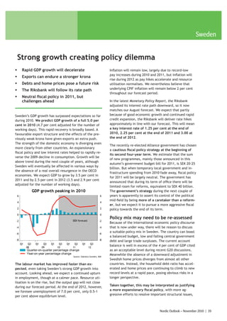 Sweden


    Strong growth creating policy dilemma
ƒ        Rapid GDP growth will decelerate                                       Inflation will remain low, largely due to record-low
                                                                                pay increases during 2010 and 2011, but inflation will
ƒ        Exports can endure a stronger krona
                                                                                rise during 2012 as pay hikes accelerate and resource
ƒ        Debts and home prices pose a future risk                               utilisation normalises. We nevertheless believe that
ƒ        The Riksbank will follow its rate path                                 underlying CPIF inflation will remain below 2 per cent
                                                                                throughout our forecast period.
ƒ        Neutral fiscal policy in 2011, but
         challenges ahead                                                       In the latest Monetary Policy Report, the Riksbank
                                                                                adjusted its interest rate path downward, so it now
                                                                                matches our August forecast. We expect that partly
Sweden’s GDP growth has surpassed expectations so far                           because of good economic growth and continued rapid
during 2010. We predict GDP growth of a full 5.0 per                            credit expansion, the Riksbank will deliver rate hikes
cent in 2010 (4.7 per cent adjusted for the number of                           approximately in line with our forecast. This will mean
working days). This rapid recovery is broadly based. A                          a key interest rate of 1.25 per cent at the end of
favourable export structure and the effects of the pre-                         2010, 2.25 per cent at the end of 2011 and 3.00 at
viously weak krona have given exports an extra push.                            the end of 2012.
The strength of the domestic economy is diverging even
                                                                                The recently re-elected Alliance government has chosen
more clearly from other countries. An expansionary
                                                                                a cautious fiscal policy strategy at the beginning of
fiscal policy and low interest rates helped to rapidly re-
                                                                                its second four-year term. We estimate that the sum
verse the 2009 decline in consumption. Growth will be
                                                                                of new programmes, mainly those announced in this
above trend during the next couple of years, although
                                                                                autumn’s government budget bill for 2011, is SEK 20-25
Sweden will eventually be affected in various ways by
                                                                                billion. But when temporary local government and in-
the absence of a real overall resurgence in the OECD
                                                                                frastructure spending from 2010 fade away, fiscal policy
economies. We expect GDP to grow by 3.5 per cent in
                                                                                for 2011 will be largely neutral. The government has
2011 and by 2.5 per cent in 2012 (3.5 and 2.9 per cent
                                                                                announced that during its term of office there will be
adjusted for the number of working days).
                                                                                limited room for reforms, equivalent to SEK 40 billion.
                   GDP growth peaking in 2010                                   The government’s strategy during the next couple of
    6                                                                      6    years is apparently to assert its control of the political
                                                                                mid-field by being more of a caretaker than a reform-
    4                                                                      4
                                                                                er, but we expect it to pursue a more aggressive fiscal
    2                                                                      2    policy towards the end of its term.
    0                                                                      0
                                                                                Policy mix may need to be re-assessed
-2                                             SEB forecast               -2
                                                                                Because of the international economic policy discourse
-4                                                                        -4    that is now under way, there will be reason to discuss
-6                                                                        -6
                                                                                a suitable policy mix in Sweden. The country can boast
                                                                                a balanced budget, low and falling central government
-8                                                                        -8    debt and large trade surpluses. The current account
        Q1    Q3    Q1    Q3   Q1    Q3   Q1    Q3      Q1      Q3
             08          09         10         11              12
                                                                                balance is well in excess of the 4 per cent of GDP cited
             Quarter-on-quarter percentage change                               as an acceptable level during recent G20 discussions.
             Year-on-year percentage change                                     Meanwhile the absence of a downward adjustment in
                                               Source: Statistics Sweden, SEB
                                                                                Swedish home prices diverges from almost all other
The labour market has improved faster than ex-                                  countries. Instead, the household debt ratio has accel-
pected, even taking Sweden’s strong GDP growth into                             erated and home prices are continuing to climb to new
account. Looking ahead, we expect a continued upturn                            record levels at a rapid pace, posing obvious risks in a
in employment, though at a calmer pace. Resource uti-                           longer perspective.
lisation is on the rise, but the output gap will not close
during our forecast period. At the end of 2012, however,                        Taken together, this may be interpreted as justifying
we foresee unemployment of 7.0 per cent, only 0.5-1                             a more expansionary fiscal policy, with more ag-
per cent above equilibrium level.                                               gressive efforts to resolve important structural issues,



                                                                                                                 Nordic Outlook – November 2010 | 39
 