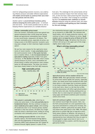 International overview



          ment for safeguarding economic recovery. Low underly-                    from zero. The challenge for the central banks will be
          ing inflation pressure and stable inflation expectations                 to achieve maximum impact from their stimulus meas-
          will enable central banks to continue their zero inter-                  ures, on the one hand, while preserving their long-term
          est rate policies well into 2012.                                        credibility, on the other. Their strategy for accomplish-
                                                                                   ing this is to emphasise their readiness to resume
          Another option is unconventional monetary policy                         stimulus measures using the relevant tools, but mean-
          aimed at keeping the entire yield curve − in nominal                     while to carefully avoid spelling out their timetable
          and real terms − at the lowest possible level as well as                 for this exit strategy.
          keeping inflation expectations at a suitable distance

             Calmer commodity price trend                                          the relationship between supply and demand will not
             Since the summer, commodity prices have gained new                    be as strained as in 2006-2008. This indicates that
             upward momentum after a brief slump last spring.                      Saudi Arabia, with its large production reserves, will
             Metals and agricultural commodities have climbed                      continue to have a major influence on prices. Saudi
             to new record levels, measured in US dollars. The                     Arabia’s aim is to keep the price of Brent oil in the
             fact that commodity prices, especially oil prices, are                USD 70-90/barrel range. We believe that the price
             rising so early in the OECD countries’ economic cycle                 of Brent will end up in the upper part of this range −
             may pose a danger to their relatively fragile economic                slightly above today’s level.
             upturn.                                                                       What is driving commodity prices?
                                                                                                             Index, thousands
             We see four main reasons for the rapid price move-                    900                                                                        12
             ments of recent months: 1) Less uncertainty about
             the world economic trend. 2) Poor grain harvests                      800                                                                        10
             due to weather effects. 3) An increased element of                    700                                                                         8
             speculative trading (especially evident from grain
             contracts). 4) The decline in the USD, which creates                  600                                                                         6
             upward pressure on prices, since commodities are                      500                                                                         4
             priced mainly in dollars and producers want compen-
                                                                                   400
             sation for USD depreciation. The latter two factors                                                                                               2

             have been closely linked to the Fed’s QE2 measures.                   300                                                                         0
                                                                                     Jan   May        Sep   Jan   May        Sep   Jan   May   Sep
                            High commodity prices                                                08                     09                  10
                             Index, monthly data, USD                                      S&P GSCI Commodity index (LHS)
           500                                                              500            Baltic Dry (RHS)
                                                                                                                                     Source: S&P, Baltic Exchange
           450                                                              450
           400                                                              400
                                                                                   Agricultural prices will be weather-driven for
           350                                                              350    another while. Most agriculturally related commod-
           300                                                              300    ity prices have soared rapidly this autumn, especially
           250                                                              250    cotton, but wheat prices have levelled off after their
           200                                                              200    sharp upturn in July-August due to extreme weather
           150                                                              150    in two major producer countries, Russia and Ukraine.
           100                                                              100    In the short term, there is a risk that the La Niña
            50                                                               50    weather phenomenon will affect agricultural produc-
                 00    01   02   03   04   05   06   07   08   09     10           tion into early next year, thereby pushing prices up
                      Agriculture               Energy
                                                                                   further. But in a more long-term perspective, under-
                      Industrial metals                                            lying supply and demand conditions point towards a
                                                                    Source: HWWI
                                                                                   calmer price trend.

             This autumn’s commodity rally, which has re-                          Gold will continue to glitter. Gold prices reached
             cently lost some steam, is thus only partially due to                 new nominal record highs this autumn. Here, too,
             fundamental factors. We thus continue to expect a                     the Fed’s announcement of a new quantitative eas-
             more moderate price upturn ahead, with levelling-                     ing round contributed to a sharp price increase, but
             off tendencies later in our forecast period. Another                  adjusted for inflation, gold prices are nearly 30 per
             indication is that this autumn, the Baltic Dry freight                cent below their peak levels in the 1980s. We expect
             index has shown a downward trend, ending its strong                   gold prices to remain high due to long-term uncer-
             correlation with commodity prices in recent years.                    tainty about inflation or deflation, the solvency of
                                                                                   countries and the future currency system. World Bank
             Oil is climbing towards USD 90. In their latest                       representatives have indicated that they are open to
             monthly reports, the International Energy Agency                      allowing gold to regain some kind of role in a re-
             (IEA) and the Organisation of Petroleum Exporting                     formed global currency system, and this may push up
             Countries (OPEC) both adjusted their 2011 global oil                  gold prices further.
             demand forecast slightly upward. In spite of this,


10 | Nordic Outlook – November 2010
 