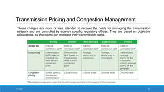 Transmission Pricing and Congestion Management
These charges are more or less intended to recover the costs for managing the transmission
network and are controlled by country specific regulatory offices. They are based on objective
calculations, so that users can estimate their transmission costs.
7/11/2021 30
 