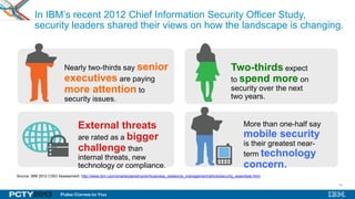 40
In IBM’s recent 2012 Chief Information Security Officer Study,
security leaders shared their views on how the landscape is changing.
Source: IBM 2012 CISO Assessment http://www.ibm.com/smarterplanet/us/en/business_resilience_management/article/security_essentials.html
Nearly two-thirds say senior
executives are paying
more attention to
security issues.
Two-thirds expect
to spend more on
security over the next
two years.
External threats
are rated as a bigger
challenge than
internal threats, new
technology or compliance.
More than one-half say
mobile security
is their greatest near-
term technology
concern.
 