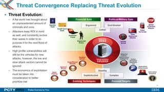 43
Threat Convergence Replacing Threat Evolution
 Threat Evolution:
– A flat world has brought about
an unprecedented amount of
criminals and cons
– Attackers keep ROI in mind
as well, and constantly evolve
their wares in order to re-
purpose it for the next flood of
attacks
– High profile vulnerabilities will
still be the vehicles for new
attacks, however, the low and
slow attack vectors cannot be
ignored
– The economics of exploitation
must be taken into
consideration to better
prioritize risk
 