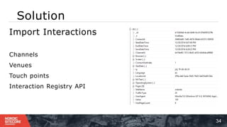 Solution
34
⁞Import Interactions
⁞ Channels
⁞ Venues
⁞ Touch points
⁞ Interaction Registry API
 