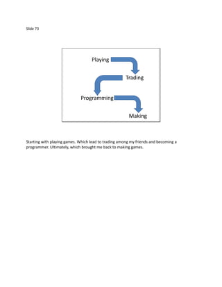 Slide 73




                                   Playing


                                                      Trading


                             Programming


                                                       Making



Starting with playing games. Which lead to trading among my friends and becoming a
programmer. Ultimately, which brought me back to making games.
 