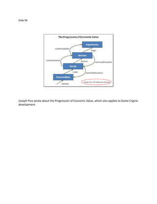 Slide 96




                                                  Joseph Pine, The Experience Economy




Joseph Pine wrote about the Progression of Economic Value, which also applies to Game Engine
development.
 