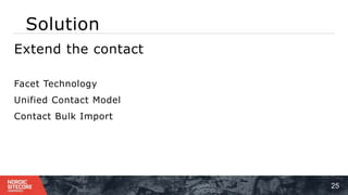 Solution
25
⁞Extend the contact
⁞ Facet Technology
⁞ Unified Contact Model
⁞ Contact Bulk Import
 