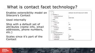 What is contact facet technology?
26
⁞ Enables extensibility model on
Sitecore’s Contact
⁞ Used internally
⁞ Ship with a default set of
attributes (name info, email
addresses, phone numbers,
etc.)
⁞ Scales since it’s part of the
Contact
 