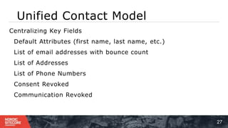 Unified Contact Model
27
⁞ Centralizing Key Fields
⁞ Default Attributes (first name, last name, etc.)
⁞ List of email addresses with bounce count
⁞ List of Addresses
⁞ List of Phone Numbers
⁞ Consent Revoked
⁞ Communication Revoked
 