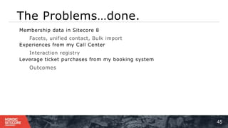 The Problems…done.
45
Membership data in Sitecore 8
Facets, unified contact, Bulk import
Experiences from my Call Center
Interaction registry
Leverage ticket purchases from my booking system
Outcomes
 