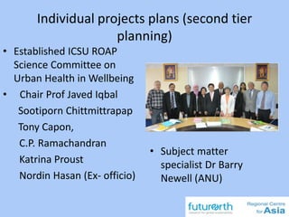 Individual projects plans (second tier
planning)
• Established ICSU ROAP
Science Committee on
Urban Health in Wellbeing
• Chair Prof Javed Iqbal
Sootiporn Chittmittrapap
Tony Capon,
C.P. Ramachandran
Katrina Proust
Nordin Hasan (Ex- officio)
• Subject matter
specialist Dr Barry
Newell (ANU)
 