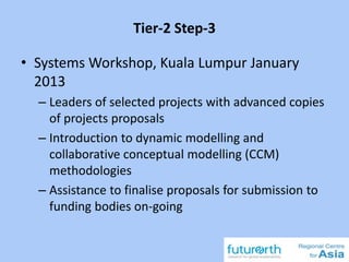 Tier-2 Step-3
• Systems Workshop, Kuala Lumpur January
2013
– Leaders of selected projects with advanced copies
of projects proposals
– Introduction to dynamic modelling and
collaborative conceptual modelling (CCM)
methodologies
– Assistance to finalise proposals for submission to
funding bodies on-going
 