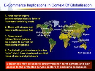 E-Commerce Implications In Context Of Globalisation 1.  First-mover enjoys entrenched position as ‘lock-in’ increases switching costs 2.  There will winners and losers in Knowledge Age 3.  Government interventionist policies are needed to correct for market imperfections 4.  Capital will gravitate towards a few ‘hubs’ which have developed a critical mass of users and producers  E-Business may be used to circumvent non-tariff barriers and gain access to the protected service sectors of emerging economies. United States of America Canada Australia New Zealand Japan United Kingdom Germany Singapore Ireland India Malaysia 