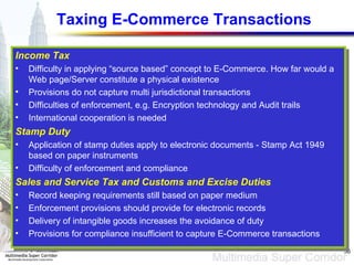 Taxing E-Commerce Transactions Income Tax Difficulty in applying “source based” concept to E-Commerce. How far would a Web page/Server constitute a physical existence Provisions do not capture multi jurisdictional transactions Difficulties of enforcement, e.g. Encryption technology and Audit trails International cooperation is needed Stamp Duty Application of stamp duties apply to electronic documents - Stamp Act 1949 based on paper instruments Difficulty of enforcement and compliance Sales and Service Tax and Customs and Excise Duties Record keeping requirements still based on paper medium Enforcement provisions should provide for electronic records Delivery of intangible goods increases the avoidance of duty  Provisions for compliance insufficient to capture E-Commerce transactions 