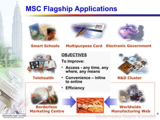 MSC Flagship Applications Telehealth Smart Schools Multipurpose Card R&D Cluster Electronic Government Worldwide  Manufacturing Web Borderless  Marketing Centre E-Business OBJECTIVES   To Improve: Access - any time, any where, any means Convenience – inline to online  Efficiency  