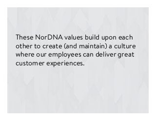 These NorDNA values build upon each
other to create (and maintain) a culture
where our employees can deliver great
customer experiences.
 