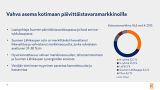 Vahva asema kotimaan päivittäistavaramarkkinoilla
13
• Laatujohtaja Suomen päivittäistavarakaupassa ja food service -
tukkukaupassa
• Suomen Lähikaupan osto on merkittävästi kasvattanut
liikevaihtoa ja vahvistanut markkinaosuutta, jonka odotetaan
asettuvan 37-38 %:iin
• Hyvä kannattavuus vahvan markkinaosuuden, tehostamistoimien
ja Suomen Lähikaupan synergioiden ansiosta
• Venäjän toiminnan myyminen parantaa kannattavuutta ja
kassavirtaa
K-ryhmä 32,7 %
S-ryhmä 45,9 %
Lidl 8,3 %
Suomen Lähikauppa 6,4 %
Muut 6,7 %
Kokonaismarkkina 16,6 mrd € 2015
Lähde: Nielsen
 