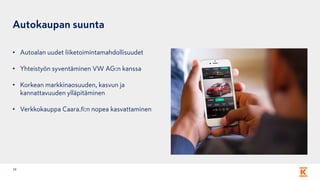Autokaupan suunta
• Autoalan uudet liiketoimintamahdollisuudet
• Yhteistyön syventäminen VW AG:n kanssa
• Korkean markkinaosuuden, kasvun ja
kannattavuuden ylläpitäminen
• Verkkokauppa Caara.fi:n nopea kasvattaminen
19
 