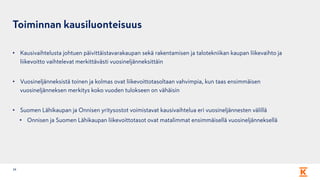 Toiminnan kausiluonteisuus
• Kausivaihtelusta johtuen päivittäistavarakaupan sekä rakentamisen ja talotekniikan kaupan liikevaihto ja
liikevoitto vaihtelevat merkittävästi vuosineljänneksittäin
• Vuosineljänneksistä toinen ja kolmas ovat liikevoittotasoltaan vahvimpia, kun taas ensimmäisen
vuosineljänneksen merkitys koko vuoden tulokseen on vähäisin
• Suomen Lähikaupan ja Onnisen yritysostot voimistavat kausivaihtelua eri vuosineljännesten välillä
• Onnisen ja Suomen Lähikaupan liikevoittotasot ovat matalimmat ensimmäisellä vuosineljänneksellä
24
 