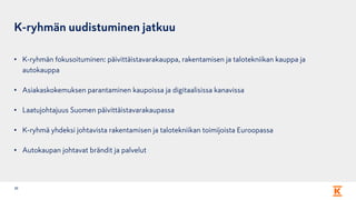 K-ryhmän uudistuminen jatkuu
• K-ryhmän fokusoituminen: päivittäistavarakauppa, rakentamisen ja talotekniikan kauppa ja
autokauppa
• Asiakaskokemuksen parantaminen kaupoissa ja digitaalisissa kanavissa
• Laatujohtajuus Suomen päivittäistavarakaupassa
• K-ryhmä yhdeksi johtavista rakentamisen ja talotekniikan toimijoista Euroopassa
• Autokaupan johtavat brändit ja palvelut
26
 