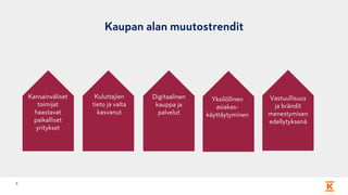 Kaupan alan muutostrendit
9
Kansainväliset
toimijat
haastavat
paikalliset
yritykset
Kuluttajien
tieto ja valta
kasvanut
Vastuullisuus
ja brändit
menestymisen
edellytyksenä
Yksilöllinen
asiakas-
käyttäytyminen
Digitaalinen
kauppa ja
palvelut
 