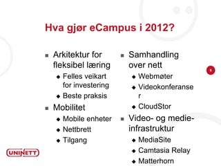 Hva gjør eCampus i 2012?

   Arkitektur for         Samhandling
    fleksibel læring        over nett           6

     Felles veikart         Webmøter
      for investering        Videokonferanse
     Beste praksis           r
   Mobilitet                CloudStor

     Mobile enheter       Video- og medie-
     Nettbrett             infrastruktur
     Tilgang                MediaSite
                             Camtasia Relay

                             Matterhorn
 