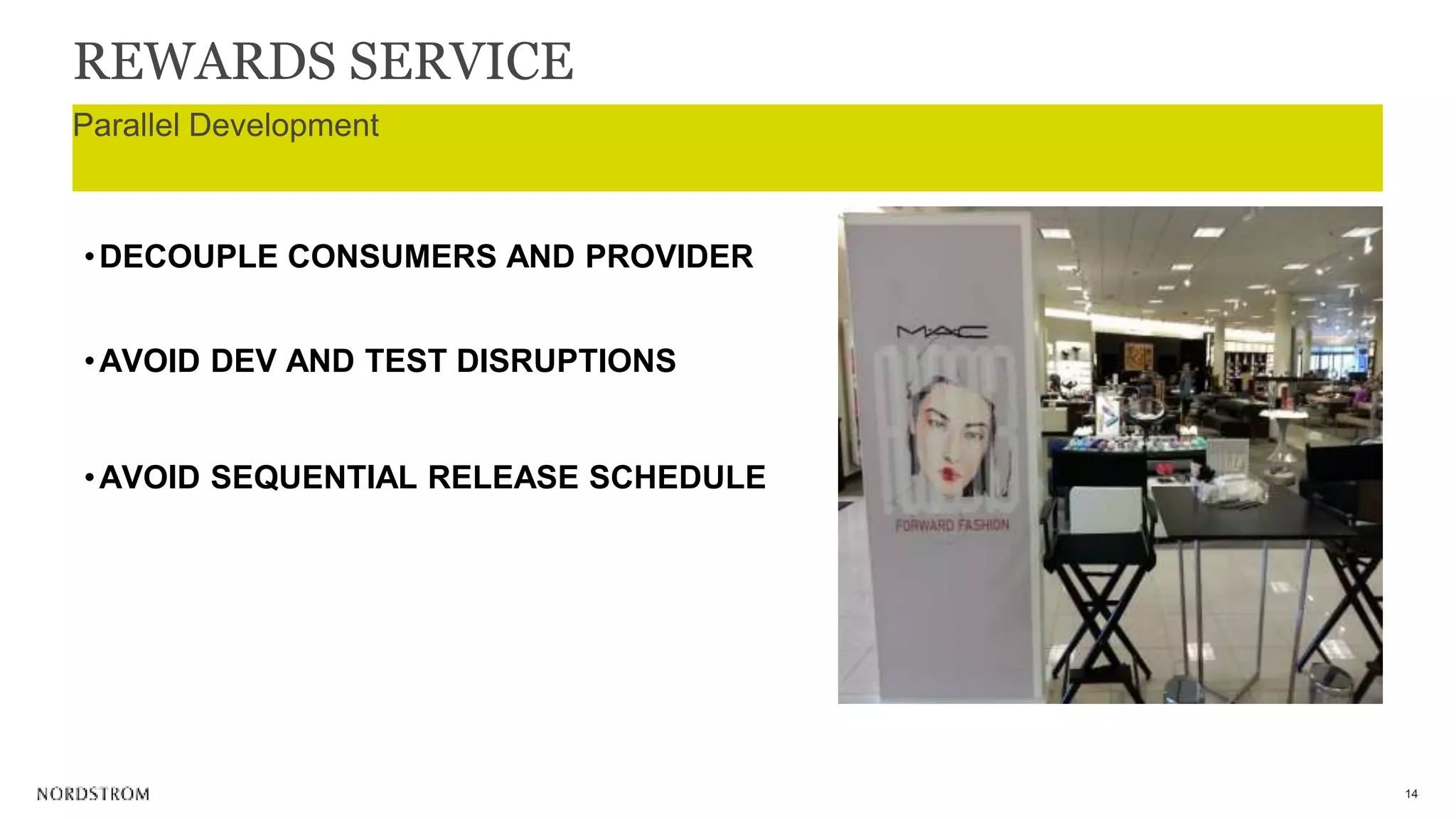 14
•DECOUPLE CONSUMERS AND PROVIDER
•AVOID DEV AND TEST DISRUPTIONS
•AVOID SEQUENTIAL RELEASE SCHEDULE
REWARDS SERVICE
Parallel Development
 
