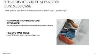 30
•HARDWARE / SOFTWARE COST
AVOIDANCE
$80 million spent on building/maintaining lower environments per year
•REMOVE WAIT TIMES
Loss of $1.2 million dollars in productivity per year
THE SERVICE VIRTUALIZATION
BUSINESS CASE
How did we sell Service Virtualization to Nordstrom Leadership?
 
