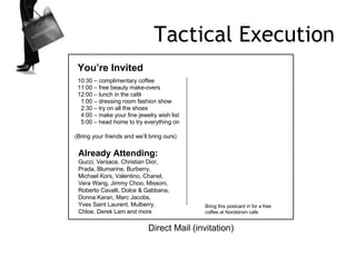Tactical Execution Direct Mail (invitation) You’re Invited   10:30 – complimentary coffee 11:00 – free beauty make-overs 1...