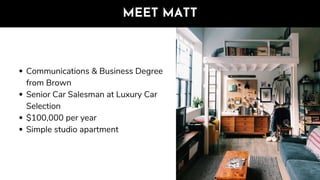MEET MATT
career-driven, energetic, hardworking
enjoys test driving luxury cars
watches sports games to relax
subscribes t...